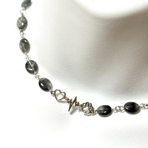 Genuine Grey Tourmalinated Quartz Short Necklace,Gemstone & Paw Print Heart Beat - Picture 1 of 14